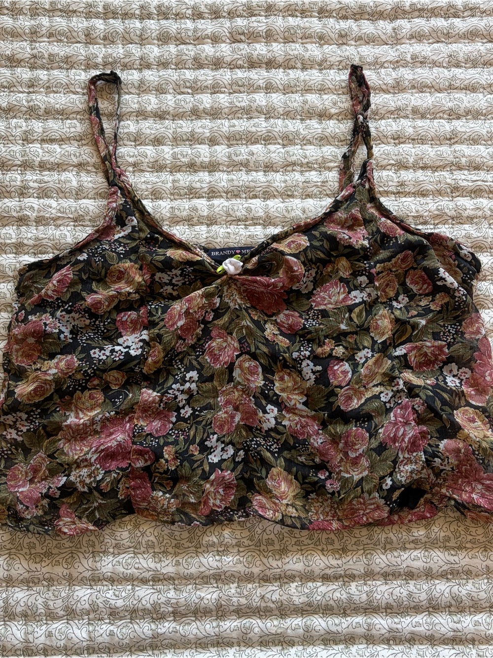 Brandy Melville Black Floral Tie-Front Cami with Pink and Green Accents